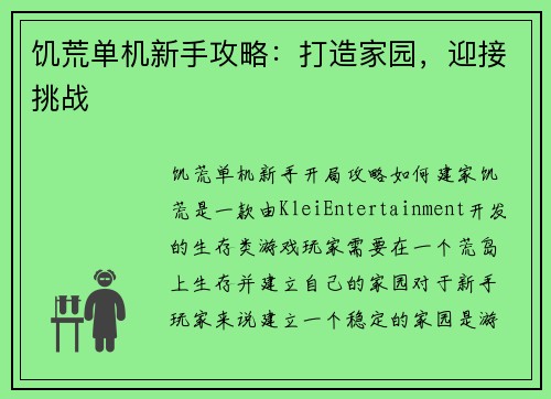 饥荒单机新手攻略：打造家园，迎接挑战